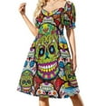 thumbnail image 2 of Floral Skull Print Casual Dress Sugar Skulls Pattern Stylish Dresses Sexy V Neck Elegant Trendy Dress Big Size, 2 of 7