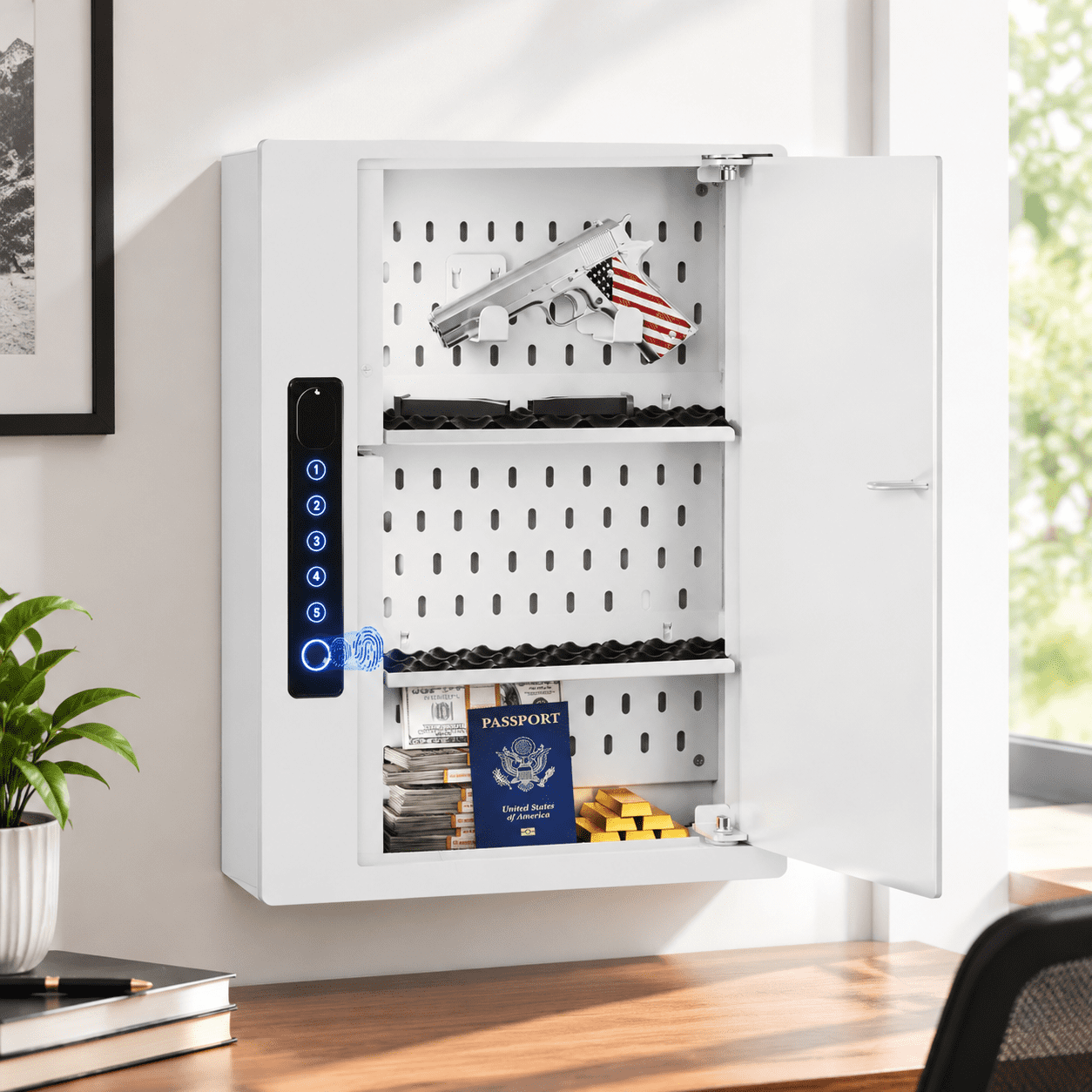 White Biometric Lock Wall Safe for Recessed Stud Installation 22.76 x 17.99 x 7.24 Inches