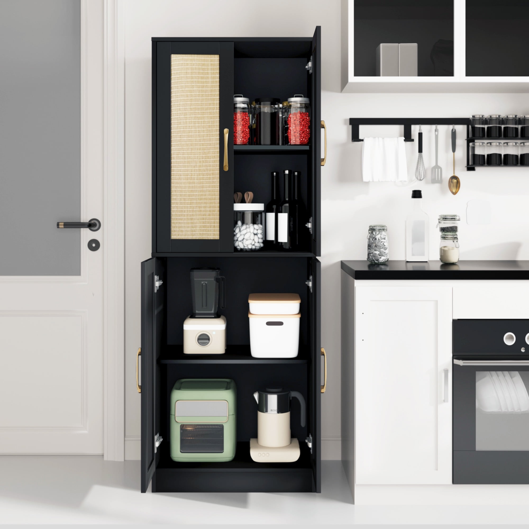 BOCVKENN Storage Cabinet - Kitchen Pantry Cabinet, Tall Pantry Storage Cabinet Freestanding with 4 Rattan Doors and Adjustable Shelves, Cupboard Cabinet for Dining Living Room, Laundry, Bathroom