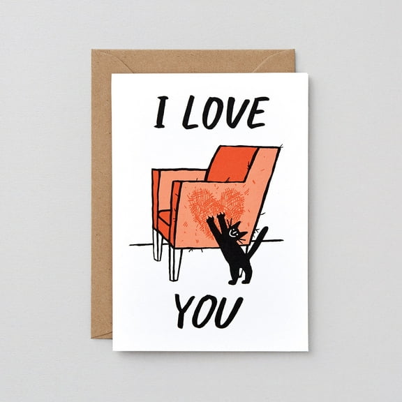 I Love You Card with Cat and Chair Illustration – Perfect for Anniversaries, Birthdays, or Just Because – Includes Envelope, Blank Inside for Personalized Messages