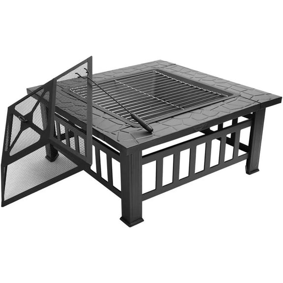 FCH 32" Outdoor Square Fire Pit with BBQ Rack, Rain Cover, Spark Screen Top and Poker Metal Firepit for Outside Backyard Patio Garden Terrace