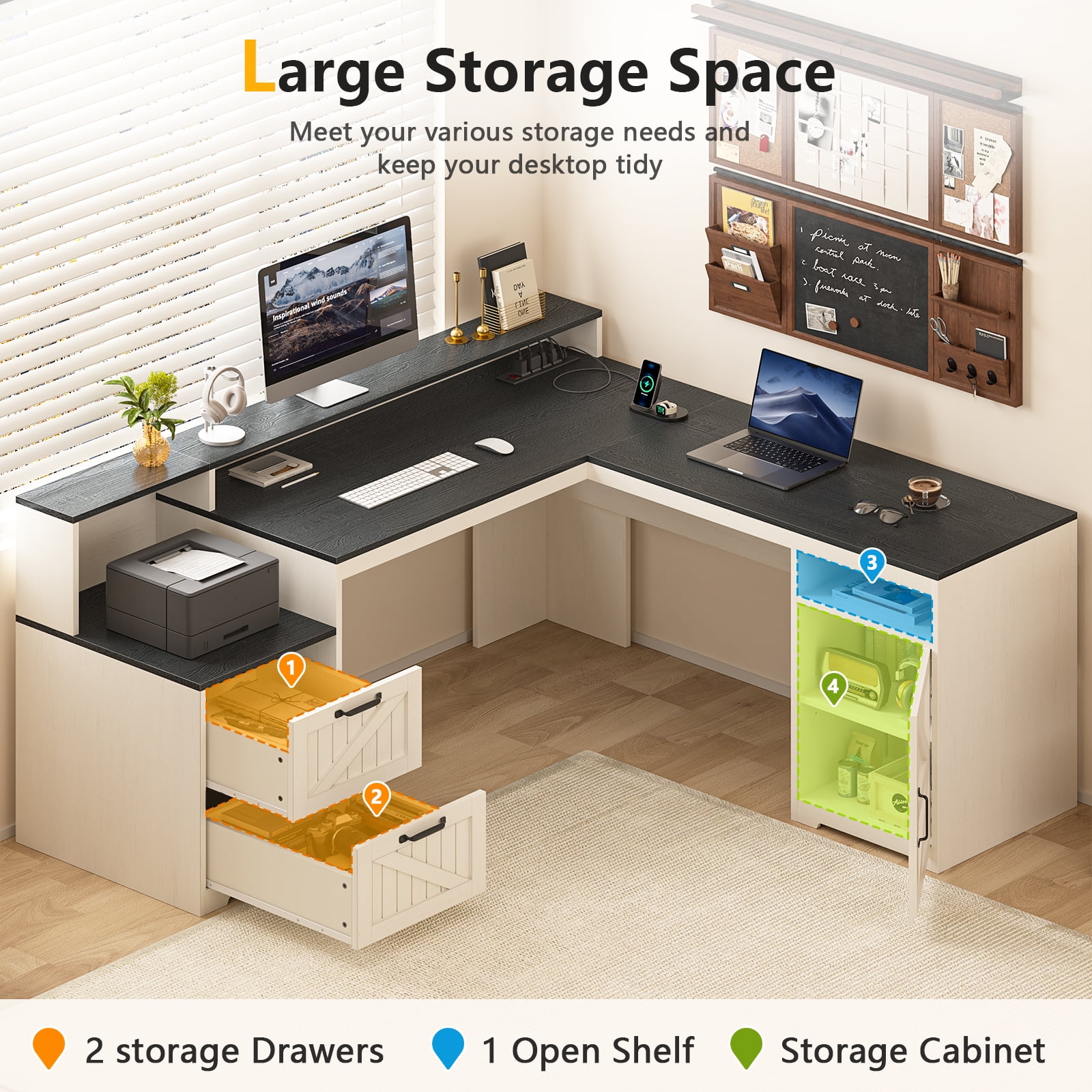 63" Farmhouse L Shaped Executive Desk with Drawers & Storage Shelf, Corner Computer Desk with Power Outlets, L Shaped Office Desk with Monitor Stand, Printer Shelf, Black and White