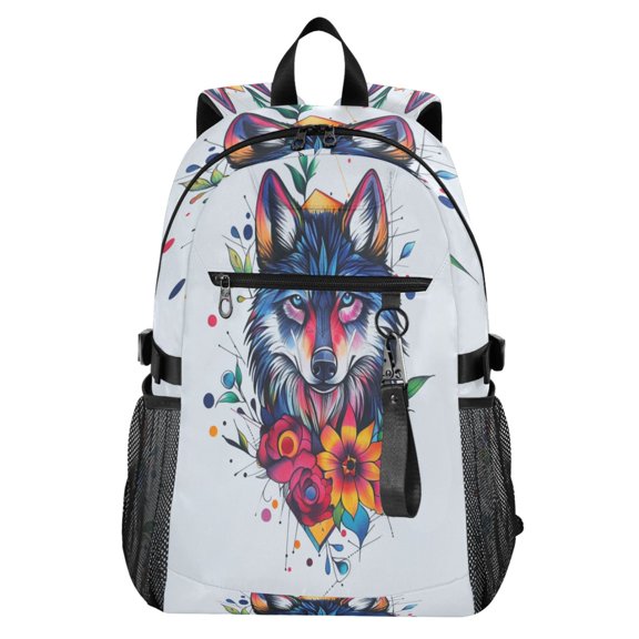 Full‑Print Casual Laptop Backpack, 20L Water‑Resistant Twill Tote Daypack with 14 Inch Computer Compartment for School Business Travel Color Art Cool Wolf