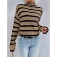 thumbnail image 3 of Women'S Casual Autumn Winter Long Sleeve Color Block Striped Knit Pullover Cozy Sweater Brown  M, 3 of 5