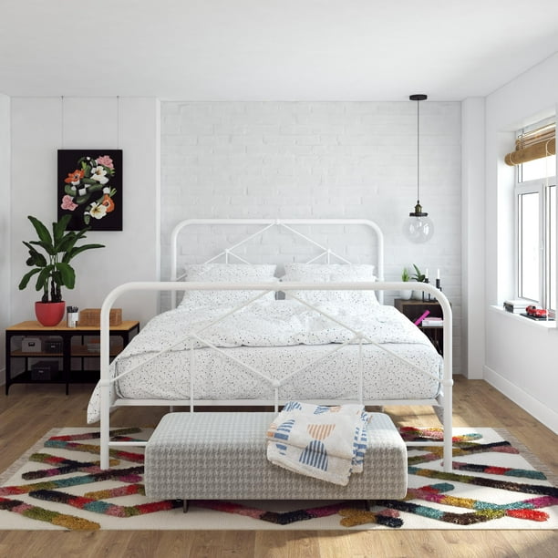 Novogratz Francis Farmhouse Metal Bed, Metal Bed Frames White