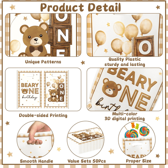 Laffact Beary One Party Favor Bag for 1st Birthday Party, 50Pack Cartoon Bear Goodie Bags Return Gift Pouch