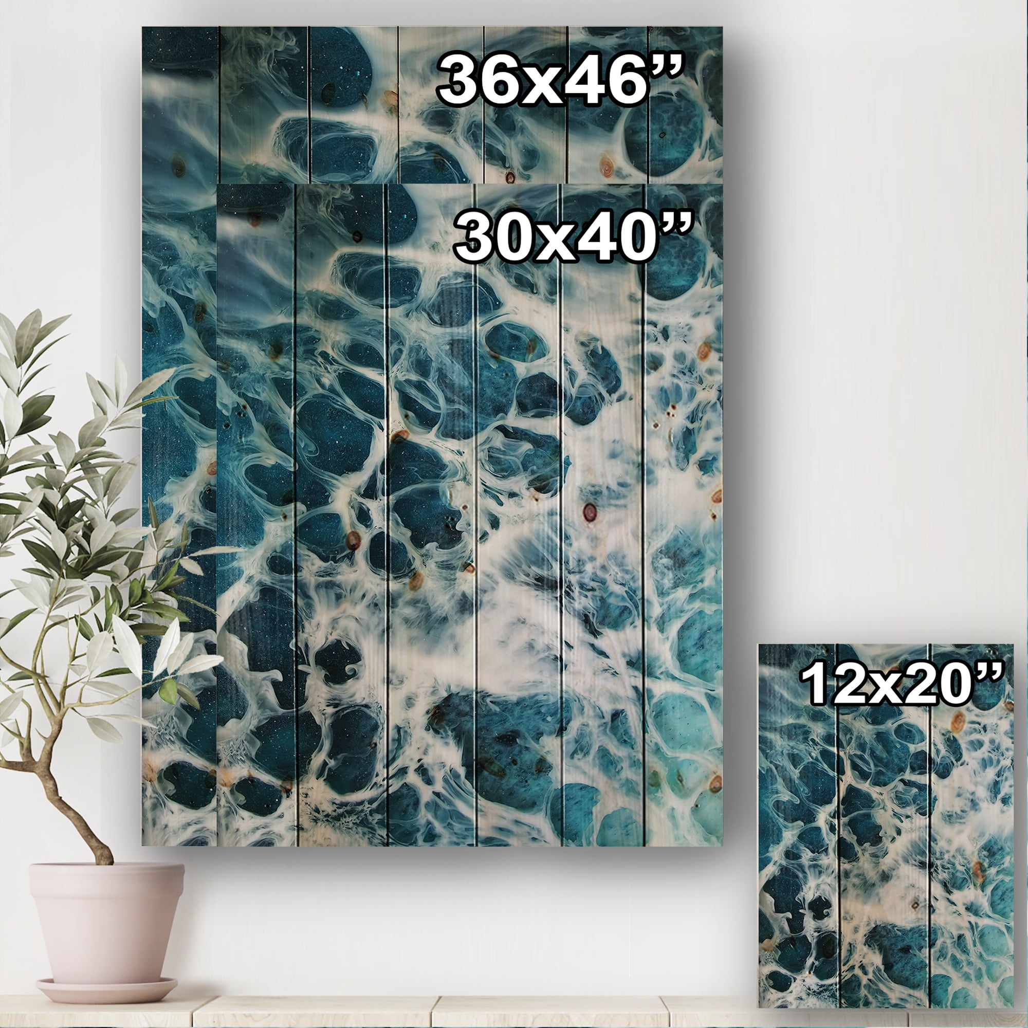 Designart 'Abstract Ocean Waves IV' Modern Print on Natural Pine Wood
