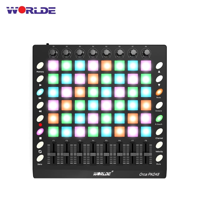 WORLDE WORLDE PAD48 USB MIDI Pad Controller with USB Cable, No Sound Module, Compatible with Windows & Mac OS, Black Plastic Design, Compact 25.6cm x 25.6cm Size, Includes Power & Connection Cables
