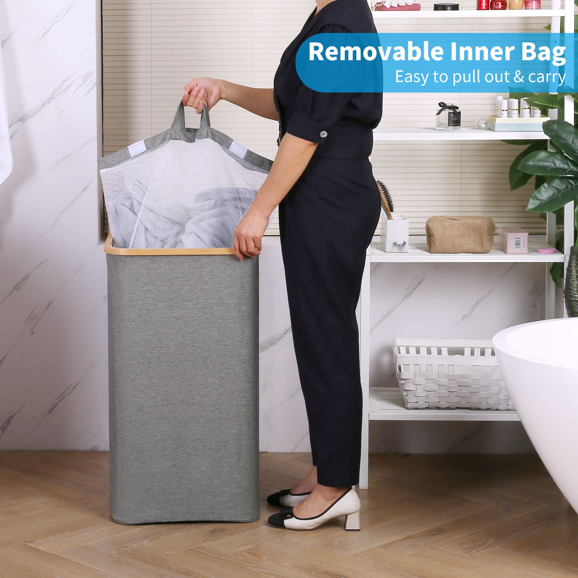 Efluky Laundry Basket with Lid and Removable Bag, 100L Tall Laundry Hamper with Bamboo Handles, Aesthetic Dirty Clothes Bin for Laundry Room, Bathroom, Bedroom and Dorm,Grey