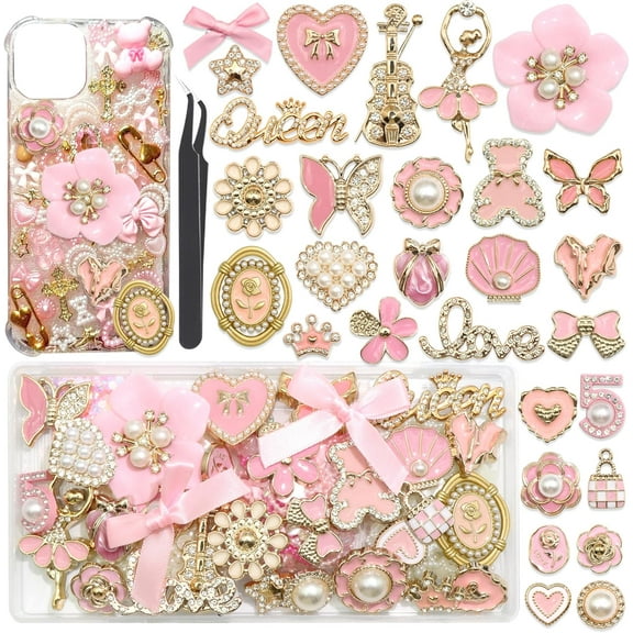Sparklane - Pink Junk Case Charms Elegant Bow Butterfly Gold Charm for Making Phone Cases 3D Flower Heart Rose Junk Case Kit Bling Flatback Pearls Bulk for Customizing DIY Craft Accessories