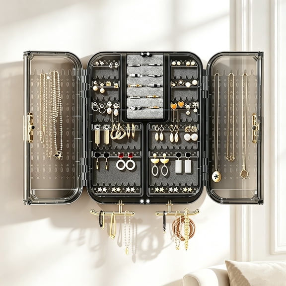 JUXIAO Wall‑Mounted Jewelry Organizer Box, Self‑Adhesive Transparent Storage Box for Necklaces Earrings Bracelets, for Bedroom Bathroom Vanity, 7.9" x 10.6", Gray