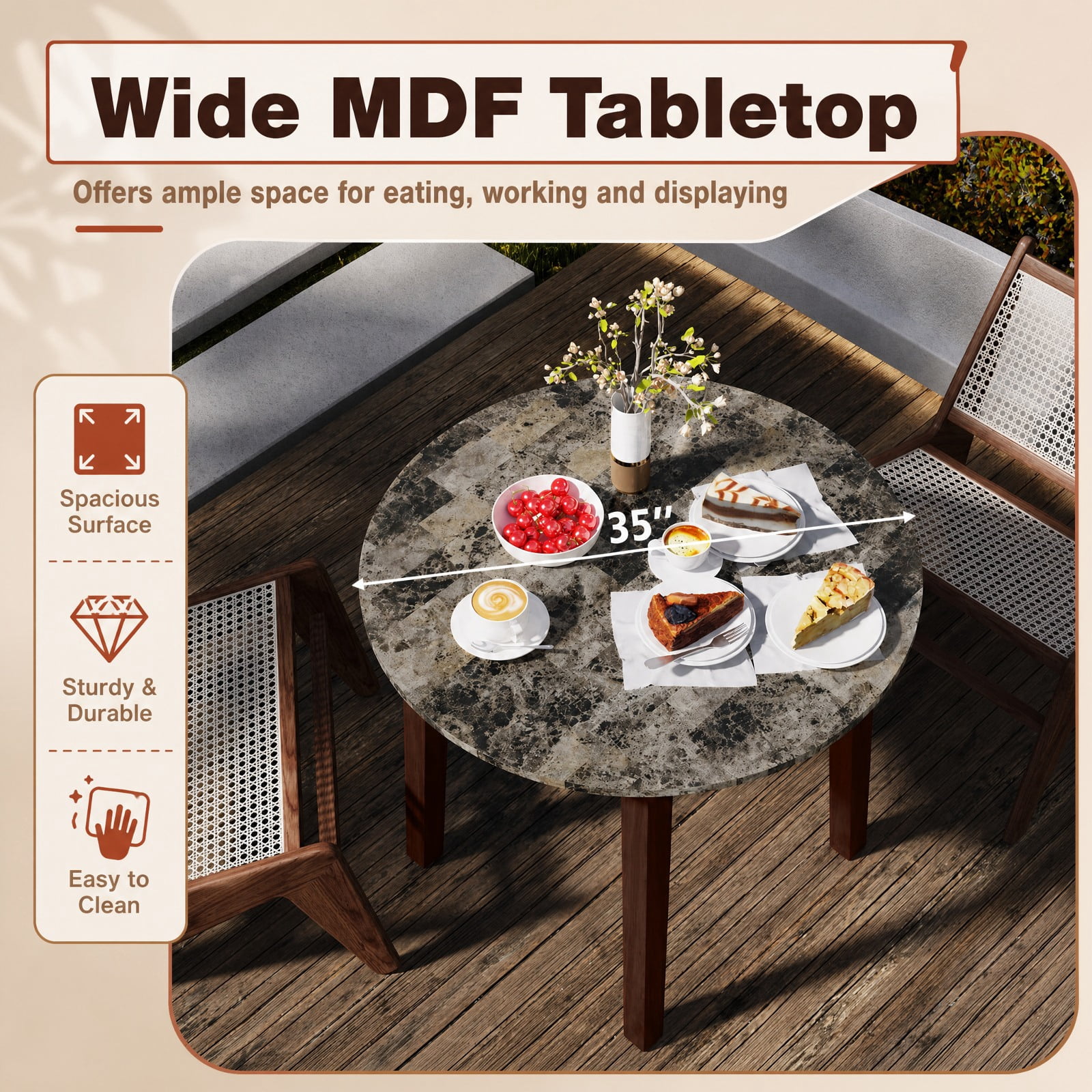 Furnibear 35 Inch Round Dining Table for 4 with Rubber Wood Legs and Marble Textured Veneer Top for Kitchen and Dining Room, Brown