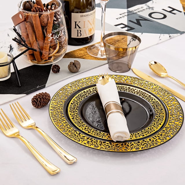 211-Piece Black & Gold Disposable Party Dinnerware Set - Plates, Cups, Silverware, Tablecloth For 30 Guests