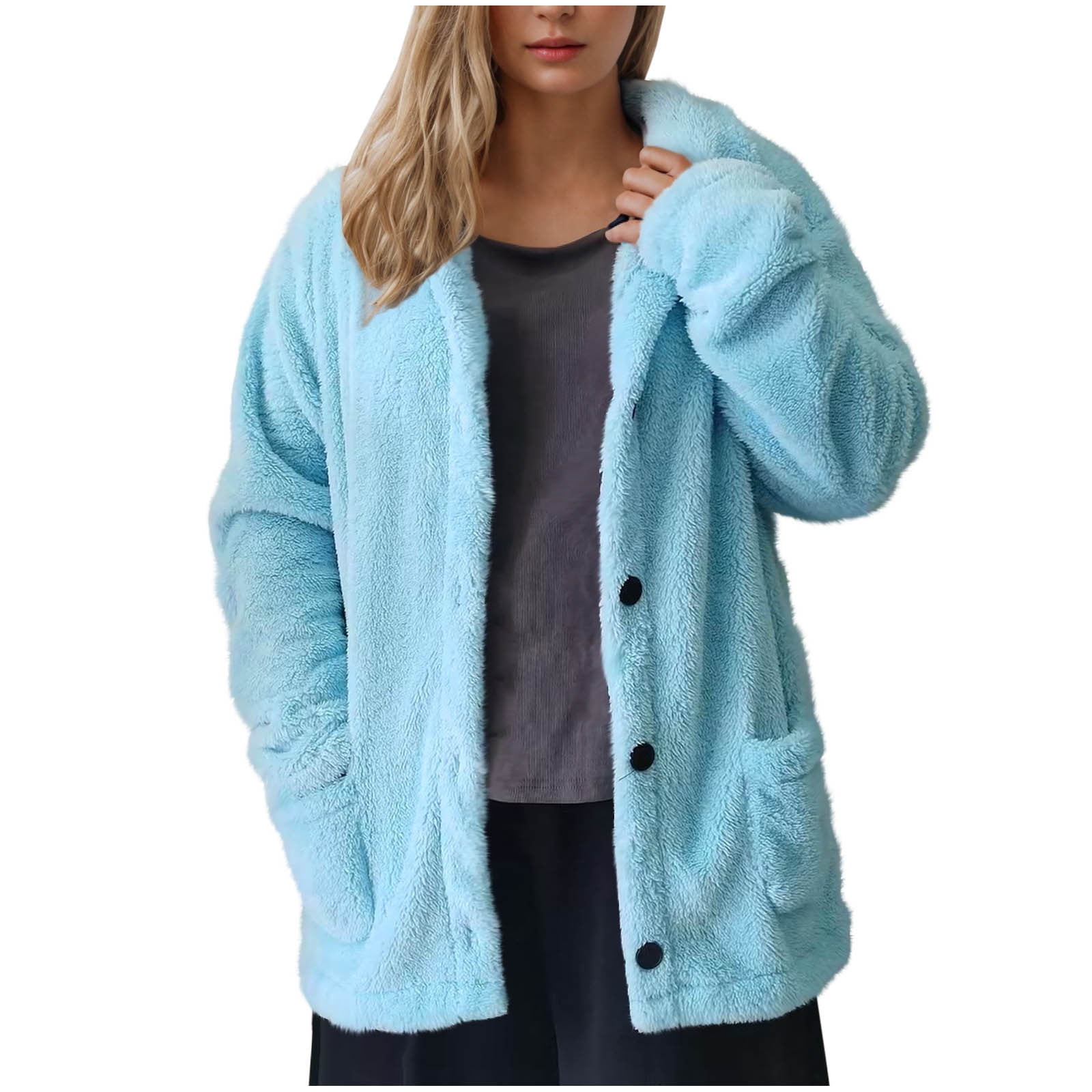 Womens Winter Sherpa Fleece Button Jacket Coat Loose Long Sleeve Outwear Light Blue,XL
