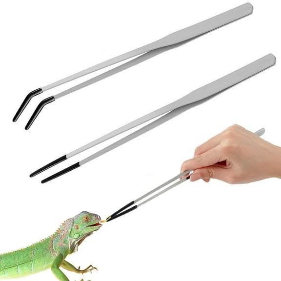 2 Pcs Reptile Feeding Tongs with Rubber Tip,Happon Stainless Steel Curved and Straight Long Tweezer for Snakes, Reptile, Lizards, Gecko, Spider, Aquarium