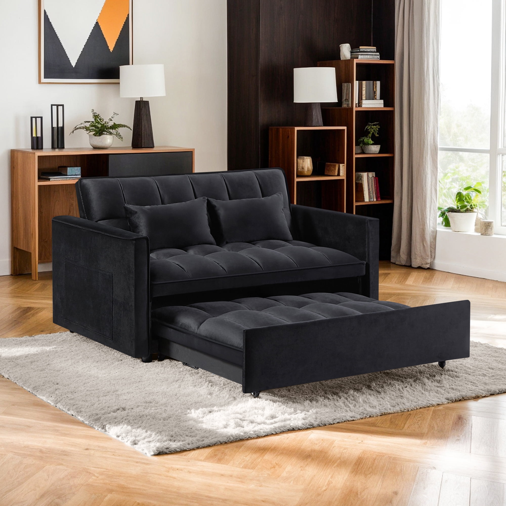 Kadyn Futon Sofa Bed, 54" Adjustable Backrest Convertible Futon Sofa for Living Room, Futon Sleeper Sofa with Side Pouch, Black