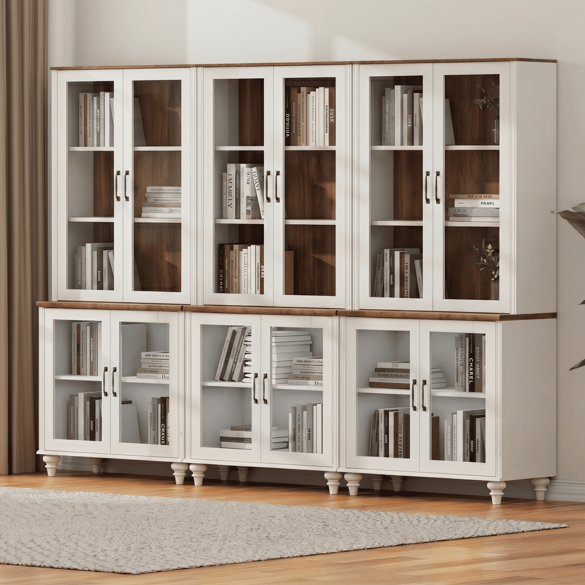 White 5-Tier Large Bookcase with Glass Doors and Adjustable Shelf, Library Wooden Bookshelves for Living Room, Office, Kitchen