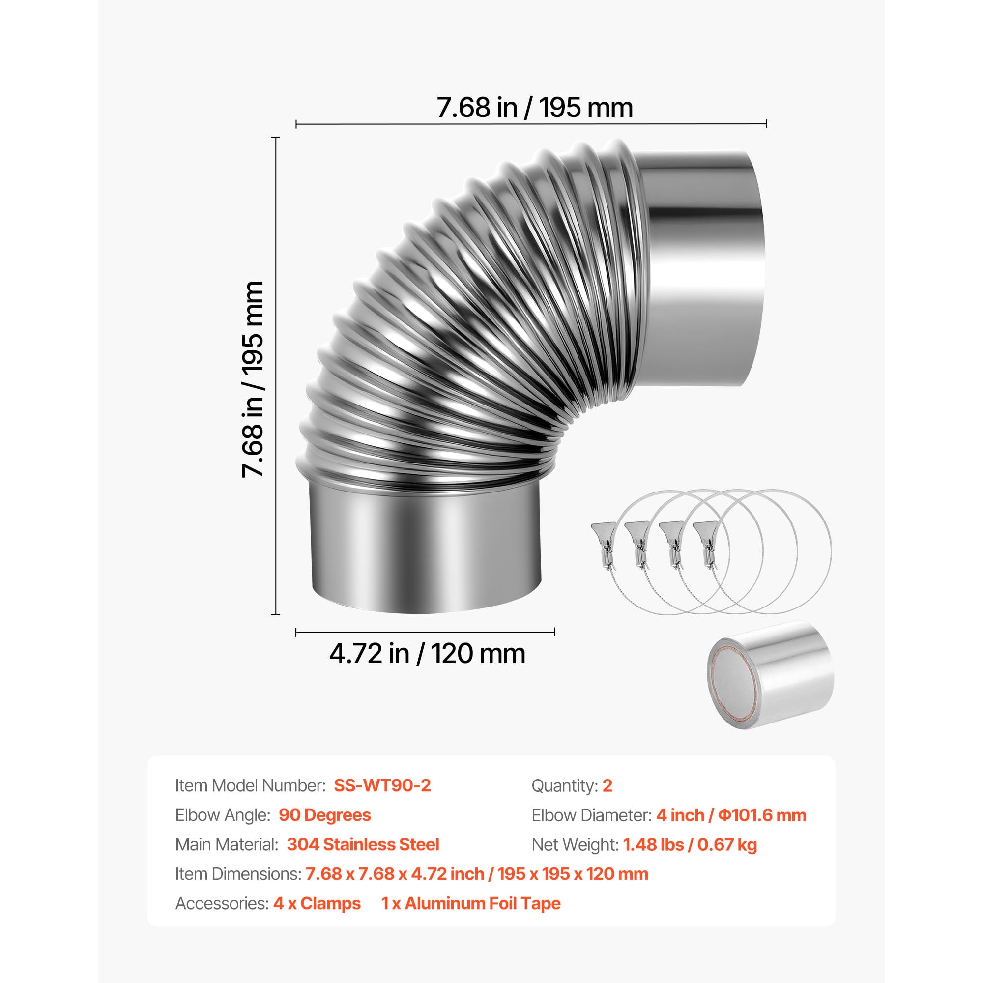 KFFKFF 2 Pack Dryer Vent Elbow, 90-Degree Hose Connector Kit for 4-Inch Ducts, Stainless Steel Elbows with Clamps and Aluminum Foil Tape, Ideal for HVAC Systems, Pipes, and Tight Spaces