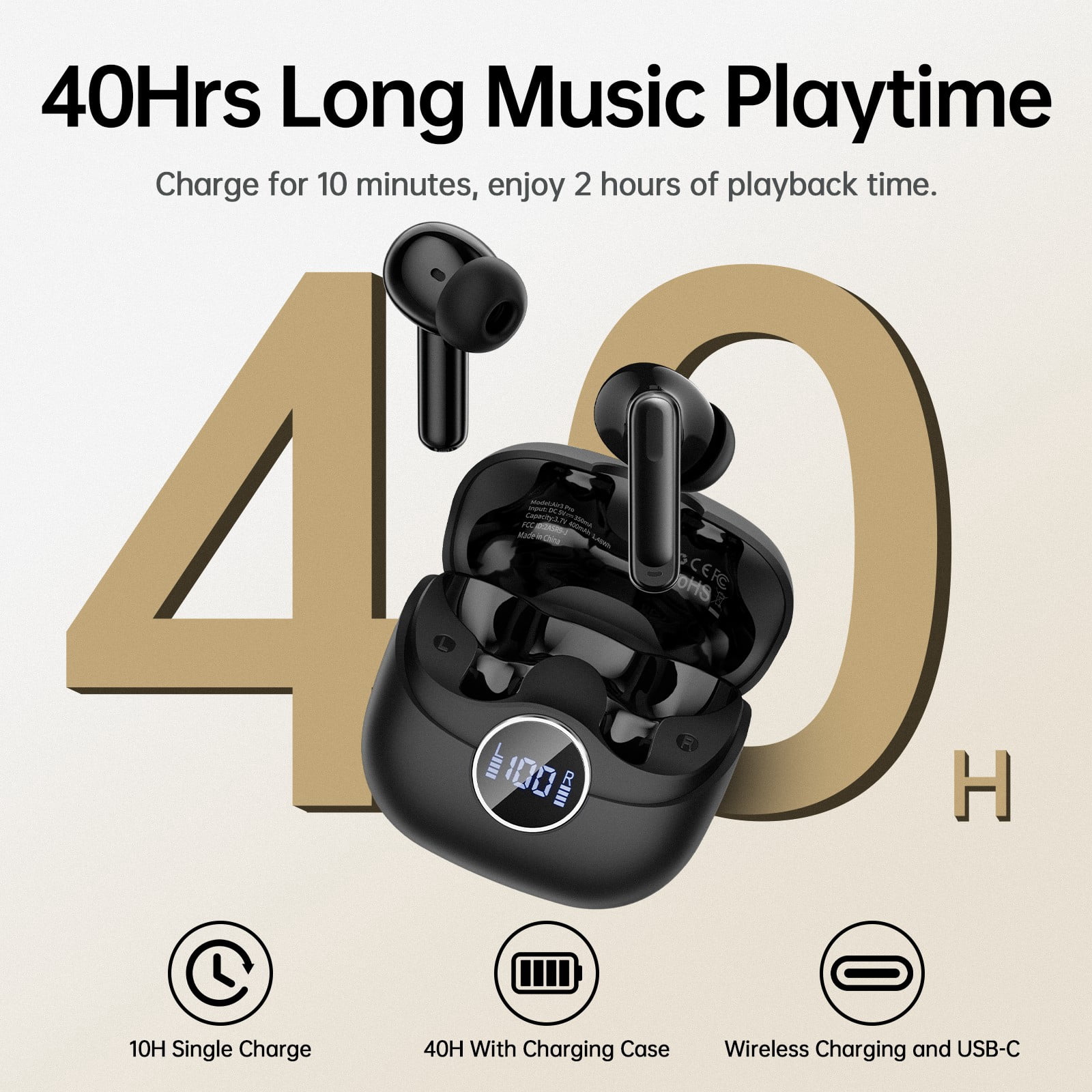 Wireless Earbuds, 6 ENC Mic Clear Call, Hybrid Active Noise Cancelling Earbuds, 8EQ, Deep Bass, V5.4 Bluetooth Ear Buds, 40H Playtime, LED Screen, IPX7 Waterproof, In-ear Earphones for Android iOS