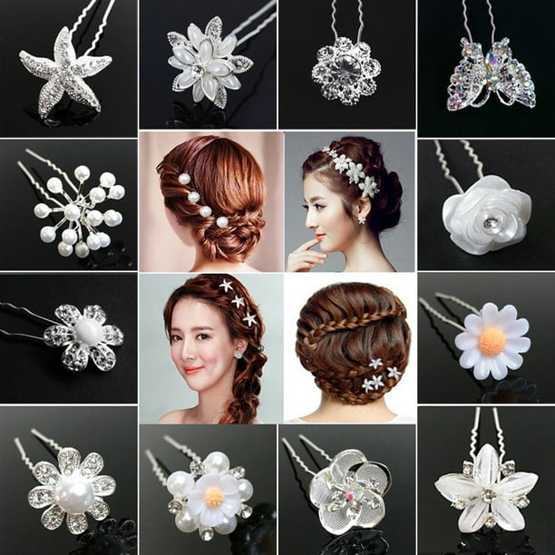 Horquilla para el pelo con forma de U, accesorio para el cabello con forma de perla y flor, pasador de diamante, adorno para el cabello, individual