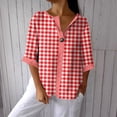 thumbnail image 5 of Craaazy Women Plus Size Tops Loose Fit Plaid V Neck Single Button 3/4 Sleeve Casual Shirts for Daily Wear Gift, 5 of 5
