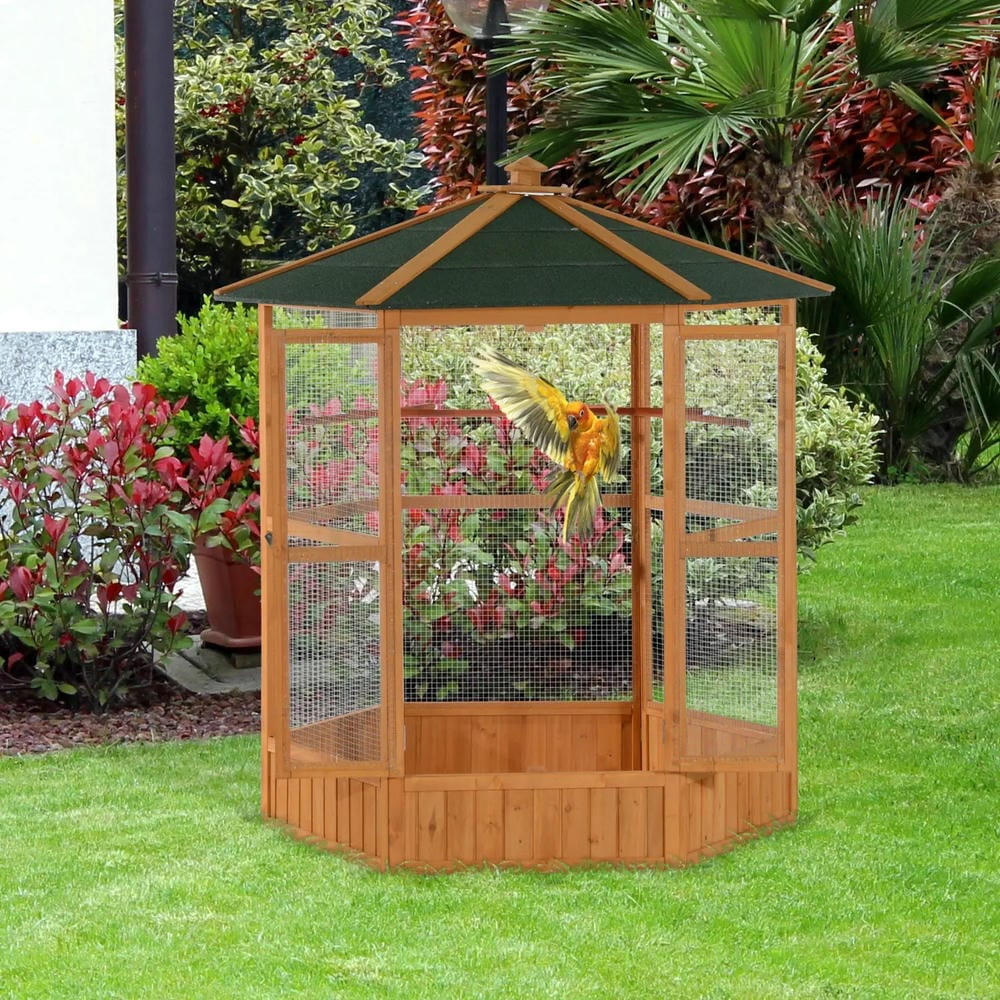 Barara King Bird Cage, Bird Habitat Small Animal Travel Cage,69" Wooden Hexagonal Outdoor Aviary Flight Bird Cage With Covered Roof, Brown