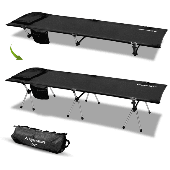 Flyernature 2-in-1 Ultra-Light Portable Camping Cot for Adults Folding Backpacking Cot with Leg Extenders, 300 LBS One Person Sleeping Cot, Black