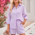 thumbnail image 4 of Virmaxy Womens Stylish Outfit 2 Piece Set Fashion Solid Color Shorts Set Casual Long Sleeve Fold Over Collar Button Down Shirt Top Purple S, 4 of 8