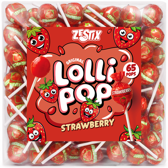 Zestix Strawberry Lollipops 65ct, Bulk Candy Suckers, Individually Wrapped Lollipop Candy for Kids, Parties, Goodie Bags & Party Favors