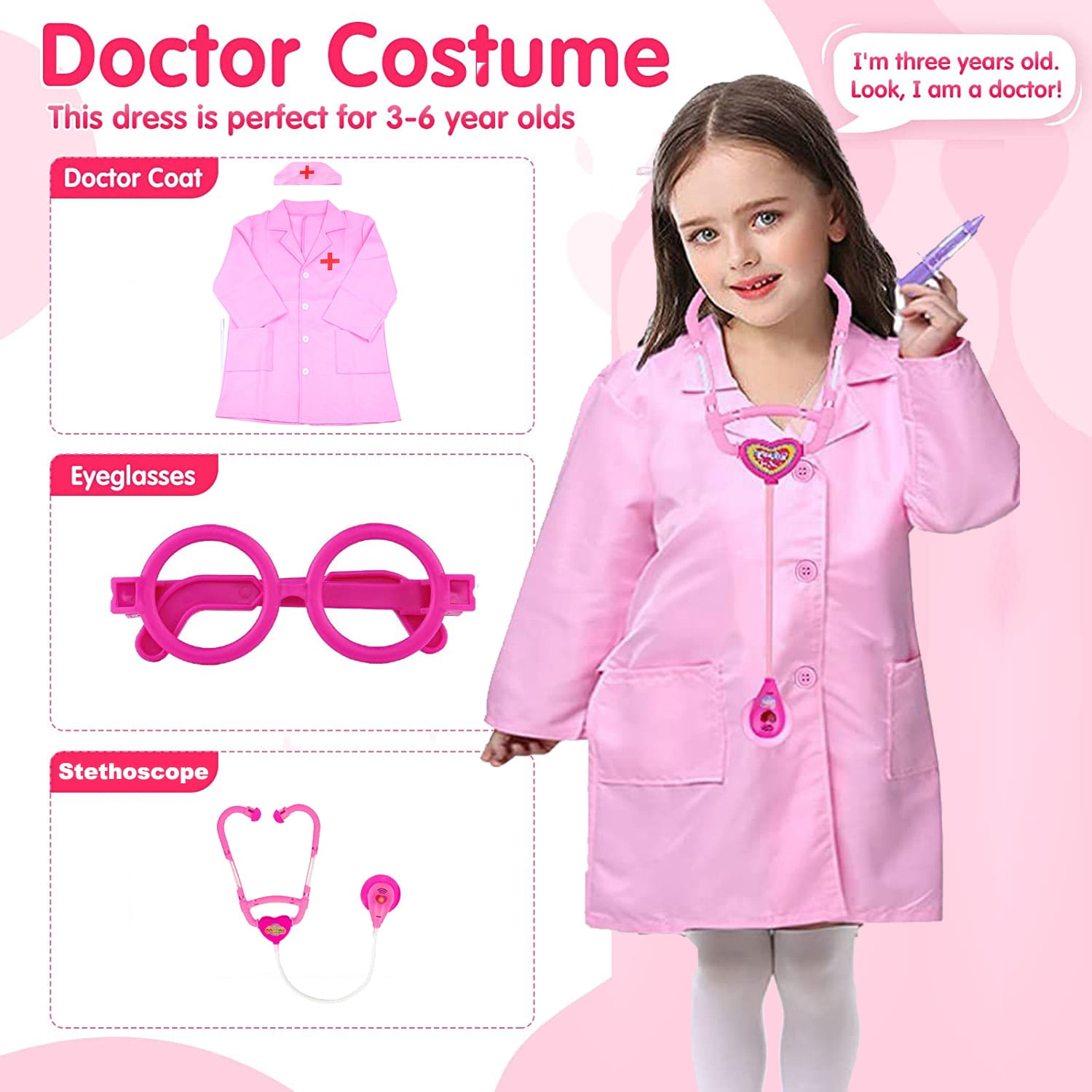 NimJoy Toy Doctor Kit for Girls 3-6 Years Boys, 40PCS Pink Coat & Toy Stethoscope Braces Medical Kits Preschool Pretend Dentist Play Set Gift to Toddler Birthday Christmas Present