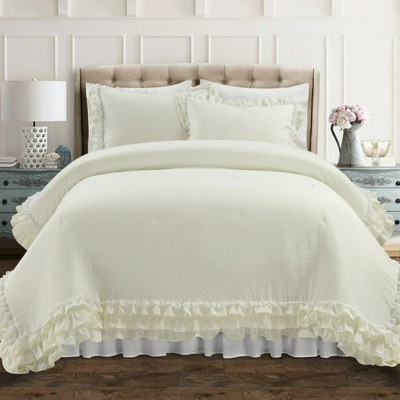 Lush Decor 100% Polyester Ella Parisian Vintage Chic Ruffle Lace Comforter Ivory 3Pc Set King