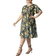 thumbnail image 4 of Unique Bargains Robe Élégante à Manches Courtes Motif Floral pour Femmes Grande Taille Jaune 3X, 4 of 5