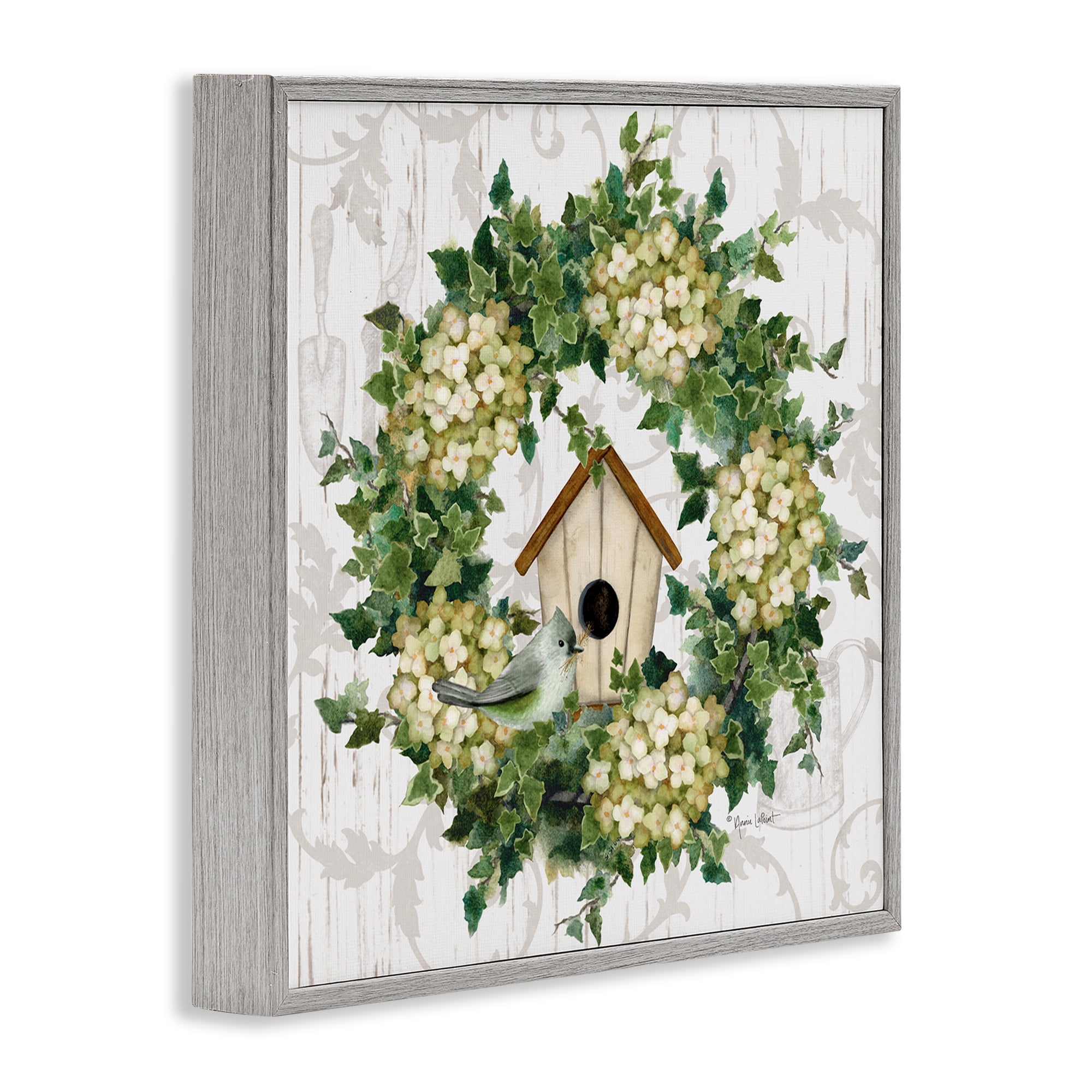 Stupell Industries Spring Birdhouse Wreath Botanical & Floral Painting Gray Framed Art Print Wall Art, 24 x 24