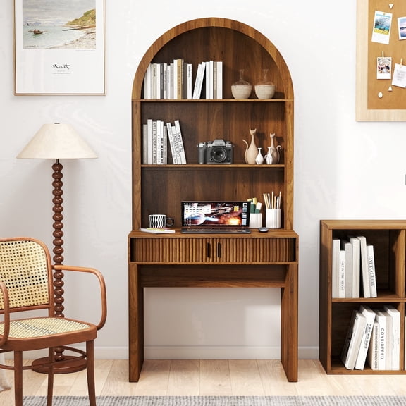 Arched Computer Desk, Home Office Desk with Hutch, Study Writing Desk with Open Shelf for Bedroom