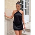 thumbnail image 5 of LMLYSoH Women's Satin Skirt Outfits Sleeveless Halter Neck Lace Trim Tank Tops Mini A-line Skirt Set, 5 of 9