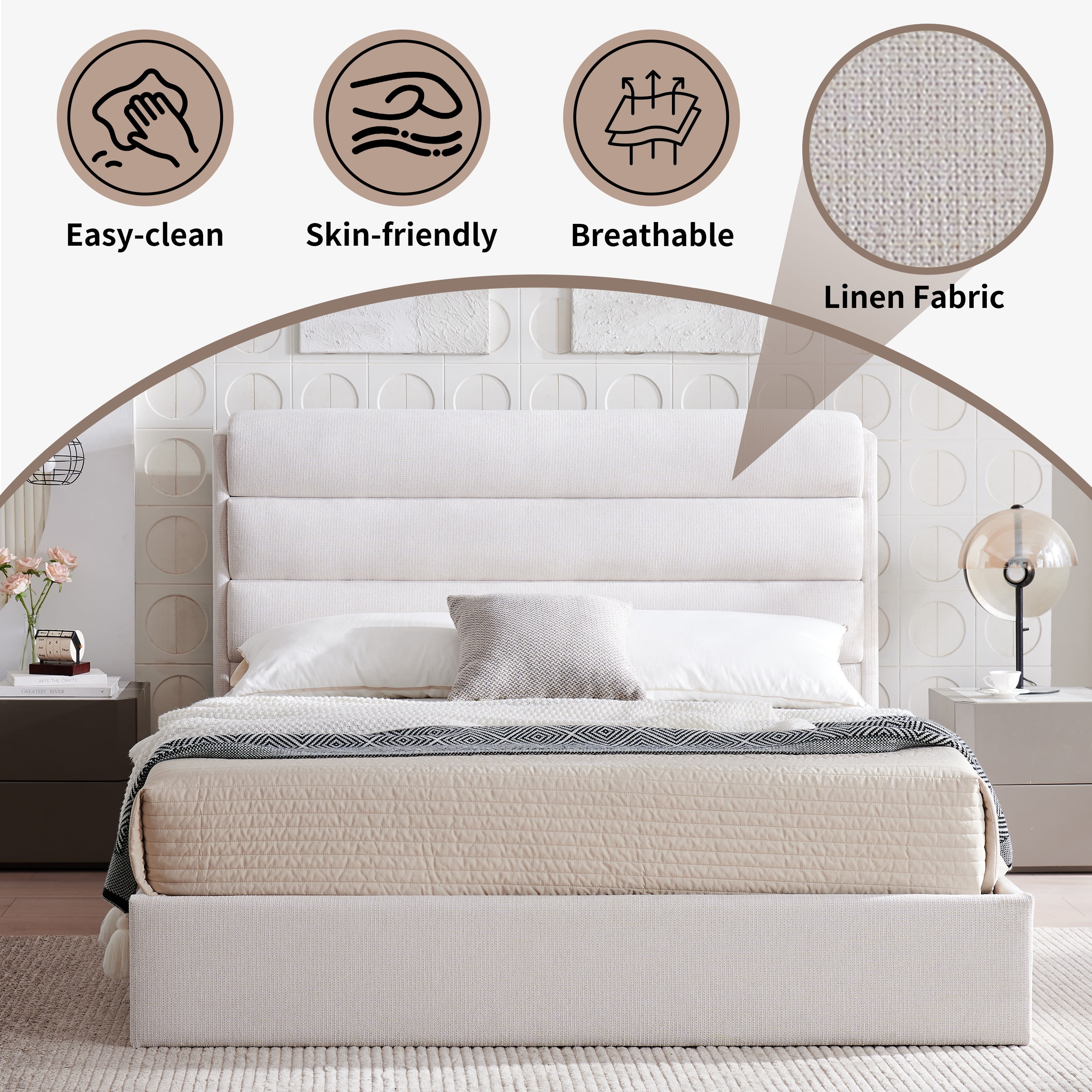 Queen Bed Frame with Lift up Storage, Wood Bed Frame with Headboard and Solid Wood Slats Support, Sturdy and Noiseless, Ivory