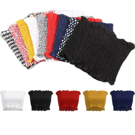 Black Strapless Tank Top Women Off Shoulder Elastic Tube Tops Strapless Bandeau Tops Ladies Shirred Crop Tops Tank Top ()