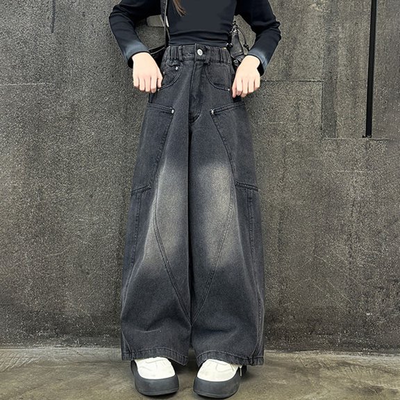 Jeans Girls Elastic Wasit Jeans Girls Straight Leg Wide Leg Girls Pants High Waisted Baggy Jeans Casual Kid Clothes 7-8 Years