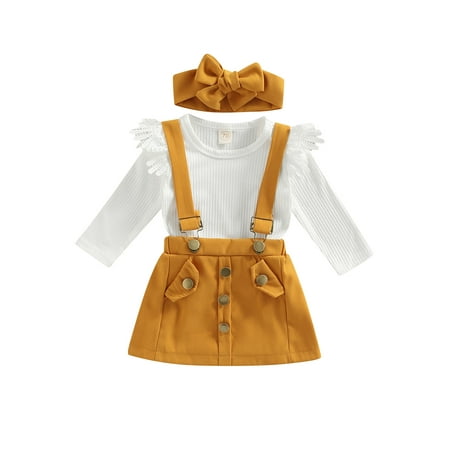 

Eyicmarn Baby Girls 3PCS Romper Suit Long Sleeve Plain Ribbed Snap Romper + Buckle Straps Suspender Short Skirt + Headband