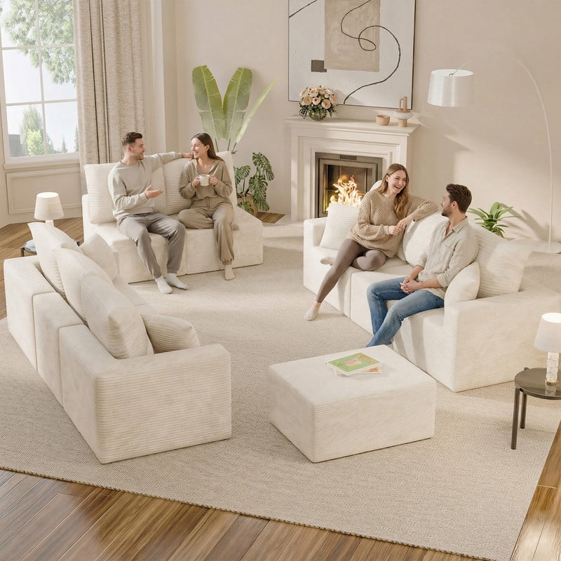 Lacoo Modular Sectional Sofa Set, Cloud-Like Corduroy Seating Couch with Ottoman & Pillows, Oversized L-Shaped Modular Sofa for Living Room, Home Theater, Beige