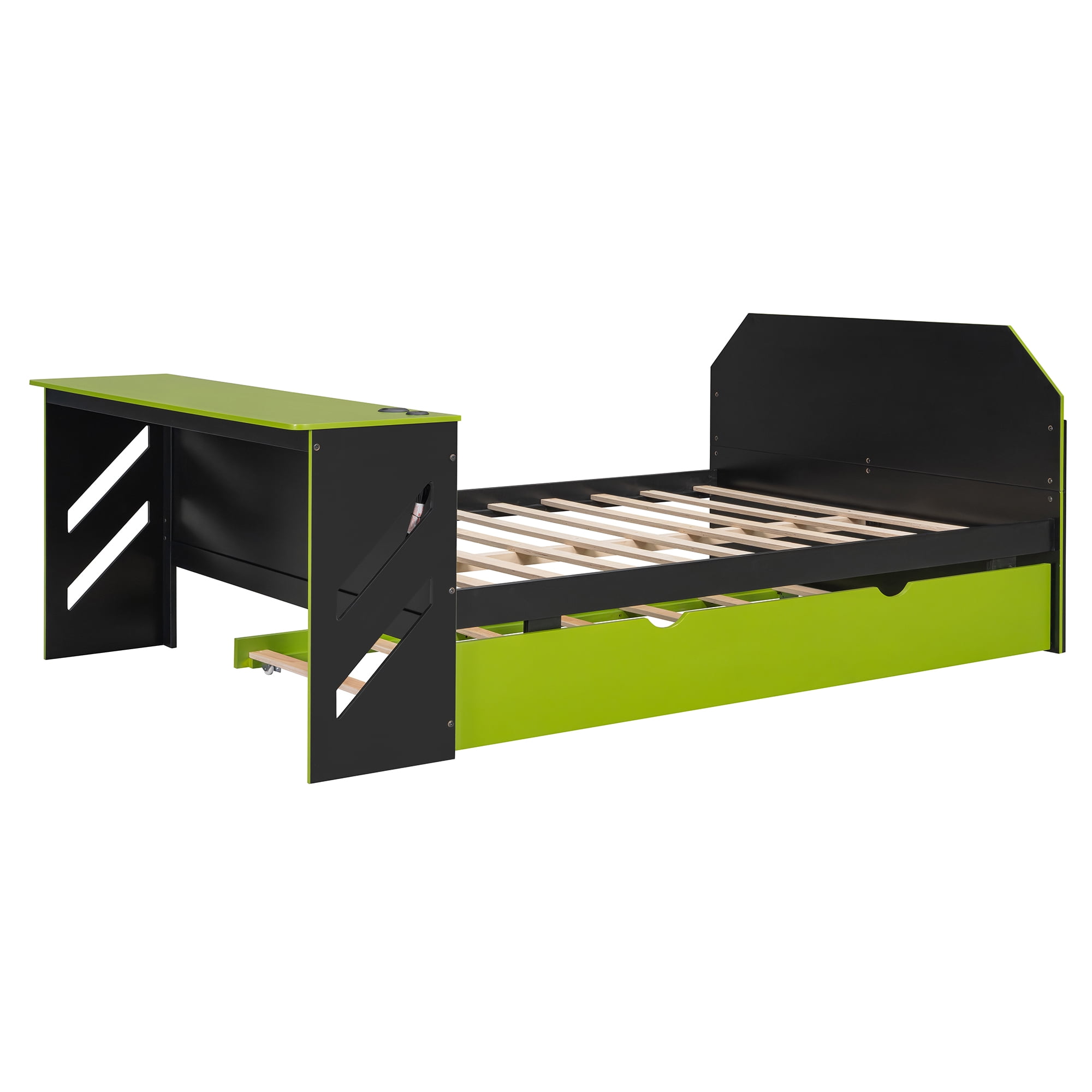 Mintazer Full Size Gaming Daybed with Pull-Out Twin Size Trundle & Desk, Platform Bed Frame with USB for Bedroom Dorm, Black & Green