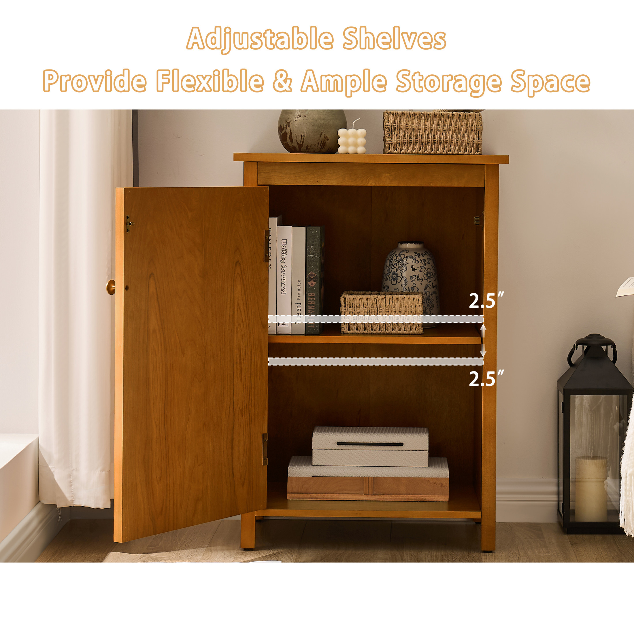 GDF Studio 34.2" Tall Mid-Century Modern Floor Cabinet with Door & Adjustable Shelf, Walnut
