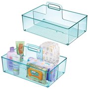 mDesign Nursery Plastic Storage Caddy Divided Bin - Utility Tote with Handle, Holds Bottles, Spoons, Bibs, Pacifiers, Diapers, Wipes, Baby Lotion - 2 Sections, BPA Free, Large, 2 Pack - Sea Blue