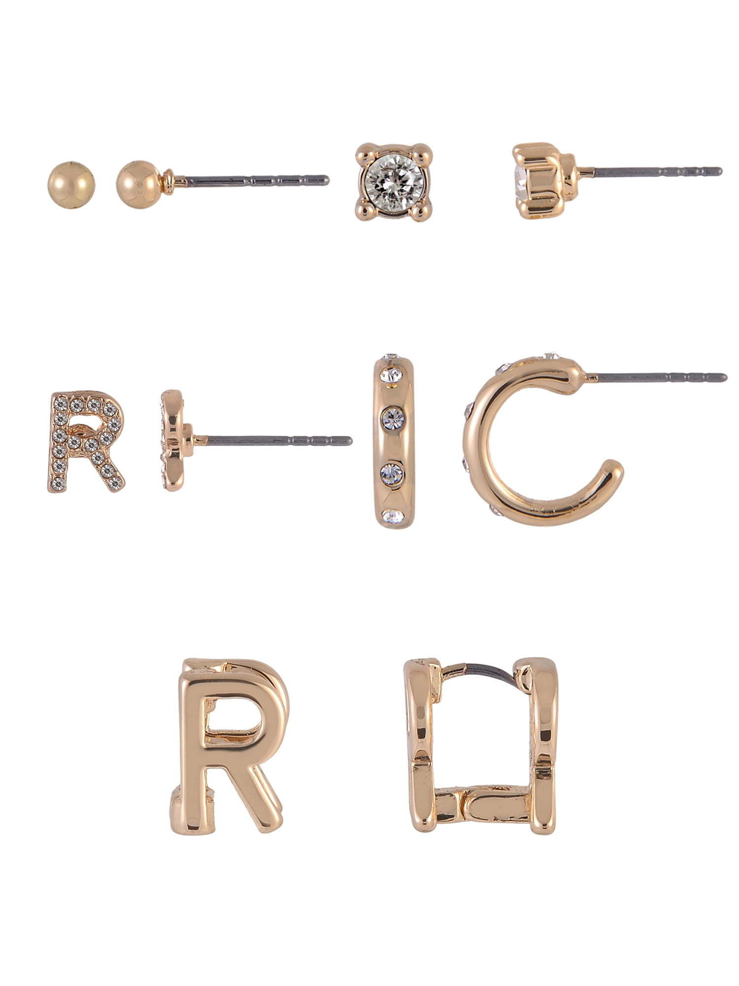 Time and Tru Goldtone 5pc Crystal Studs Hoop Initial "R"Earring Set