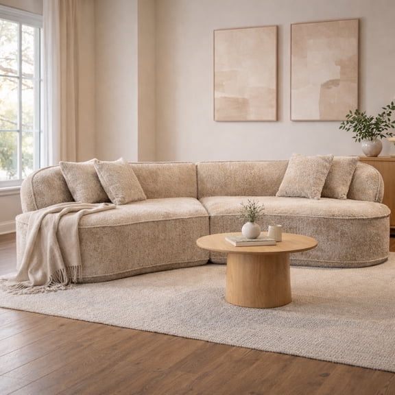 GOMYHOME 114" Curved Sectional Sofa, 4-Seat Beige Camel Bouclé Upholstered Modular Living Room Couch