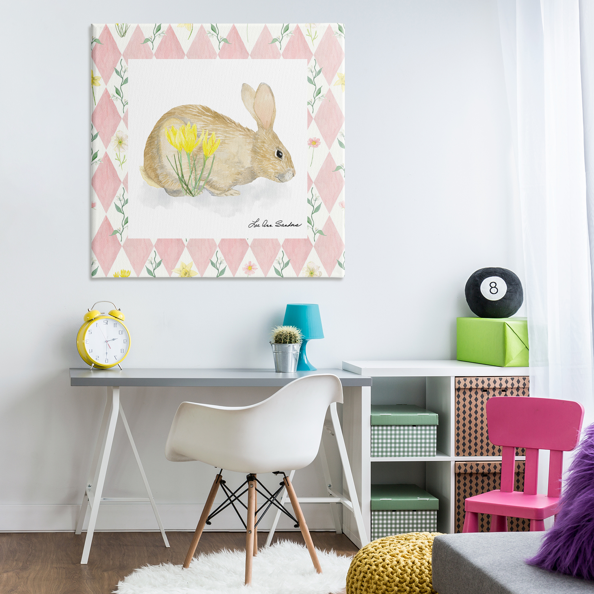 Buttercup Bunny on Pink Argyle Canvas Wall Art, design by Lee Ann Sanders