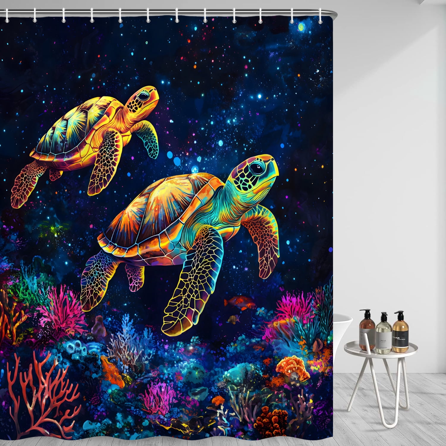 MIZHONA Sea Turtle Shower Curtain Blacklight Ocean Coastal Waterproof Fabric Bathroom Curtain 72x78 in