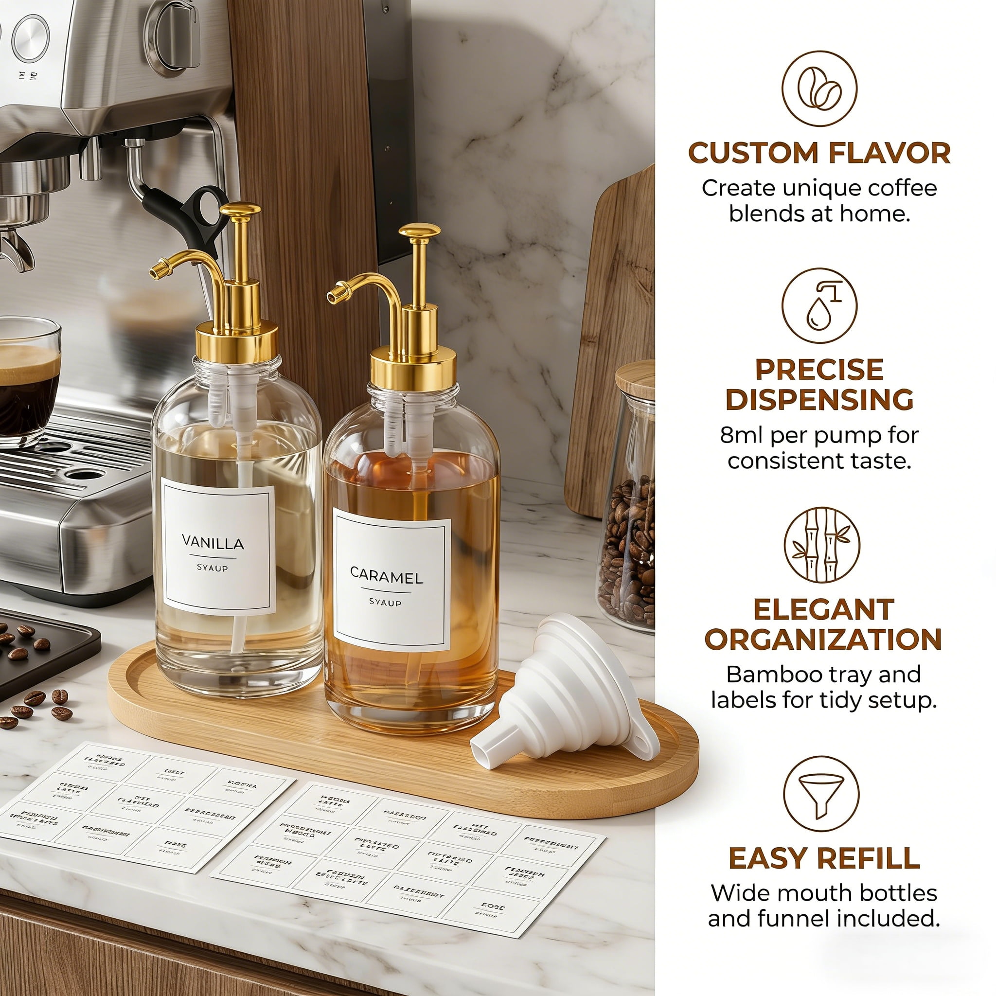 Coffee Bar Accessories, Coffee Syrup Dispenser - 2pack, Bring a Tray16.9oz Syrup Dispenser with Labels,Syrup Pump Dispenser for Coffee Bar(Gold pump)