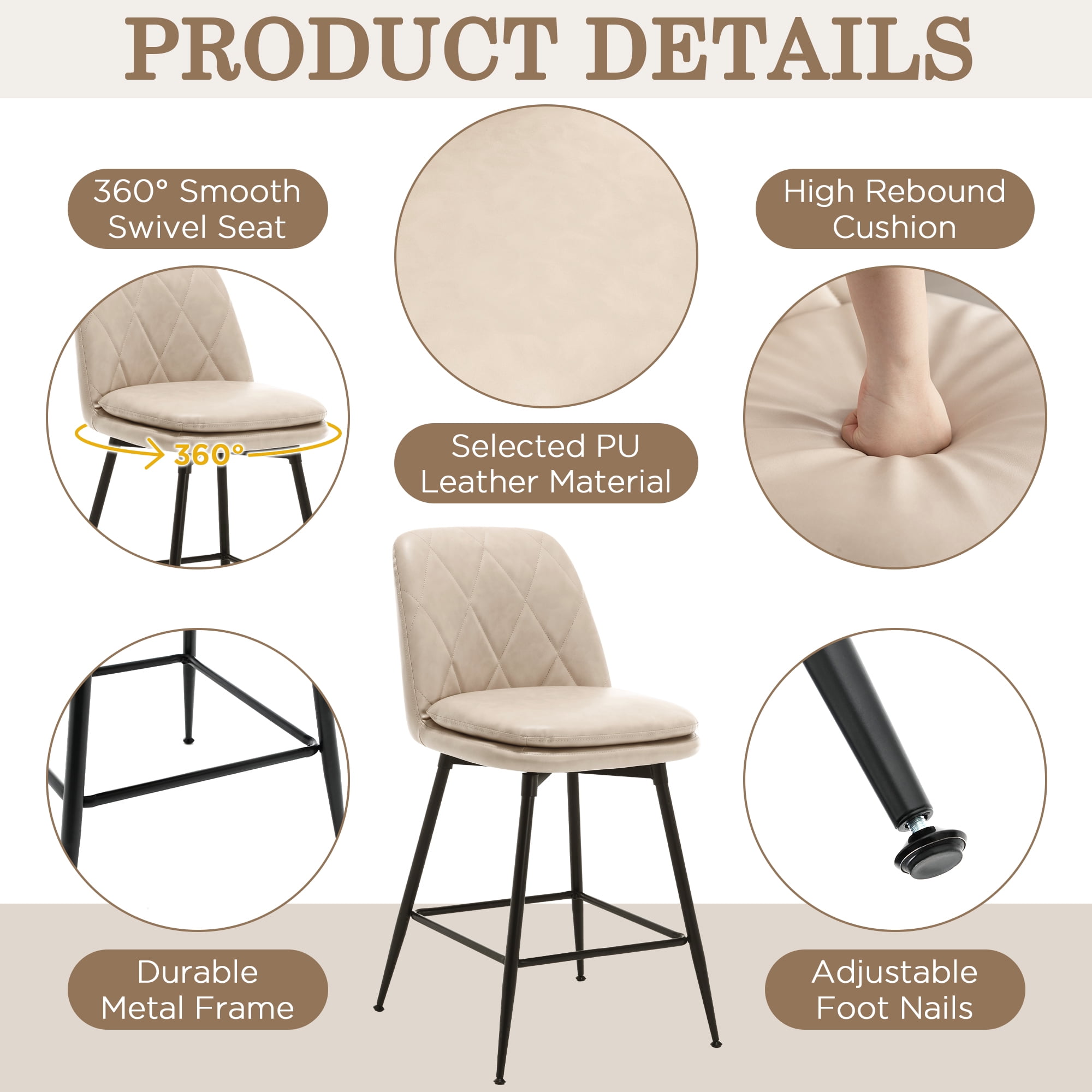 TEWLOSS 28" Bar Stools Set of 4 Swivel Barstools Faux Leather Kitchen Chairs, Cream