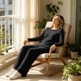 thumbnail image 4 of Large Size Hungry Ribbed Knitted Suit Women's Shoulder Button Decoration Long Sleeved Top Wide Leg Pants Two-Piece Set Black Xxl, 4 of 8